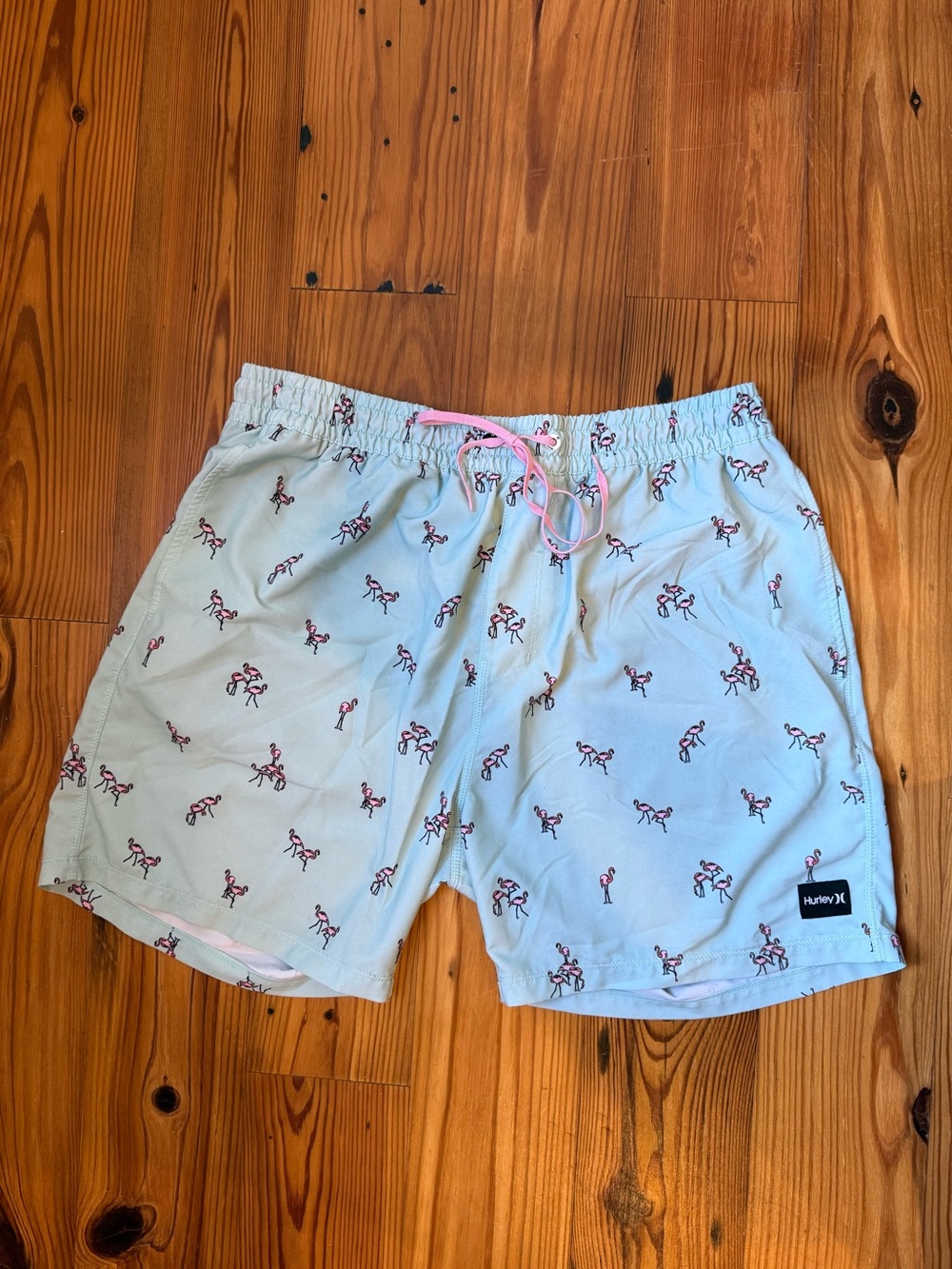 Hurley Men’s Light Blue Swim Trunks with Pink Flamingo Print